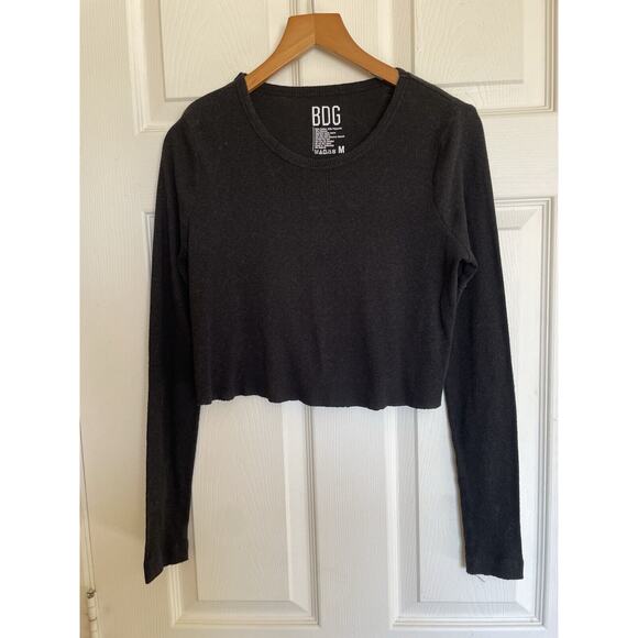 BDG Girlfriend Ribbed Cropped Long Sleeve Crew Neck Basic Tee Black Size Medium - Picture 3 of 6